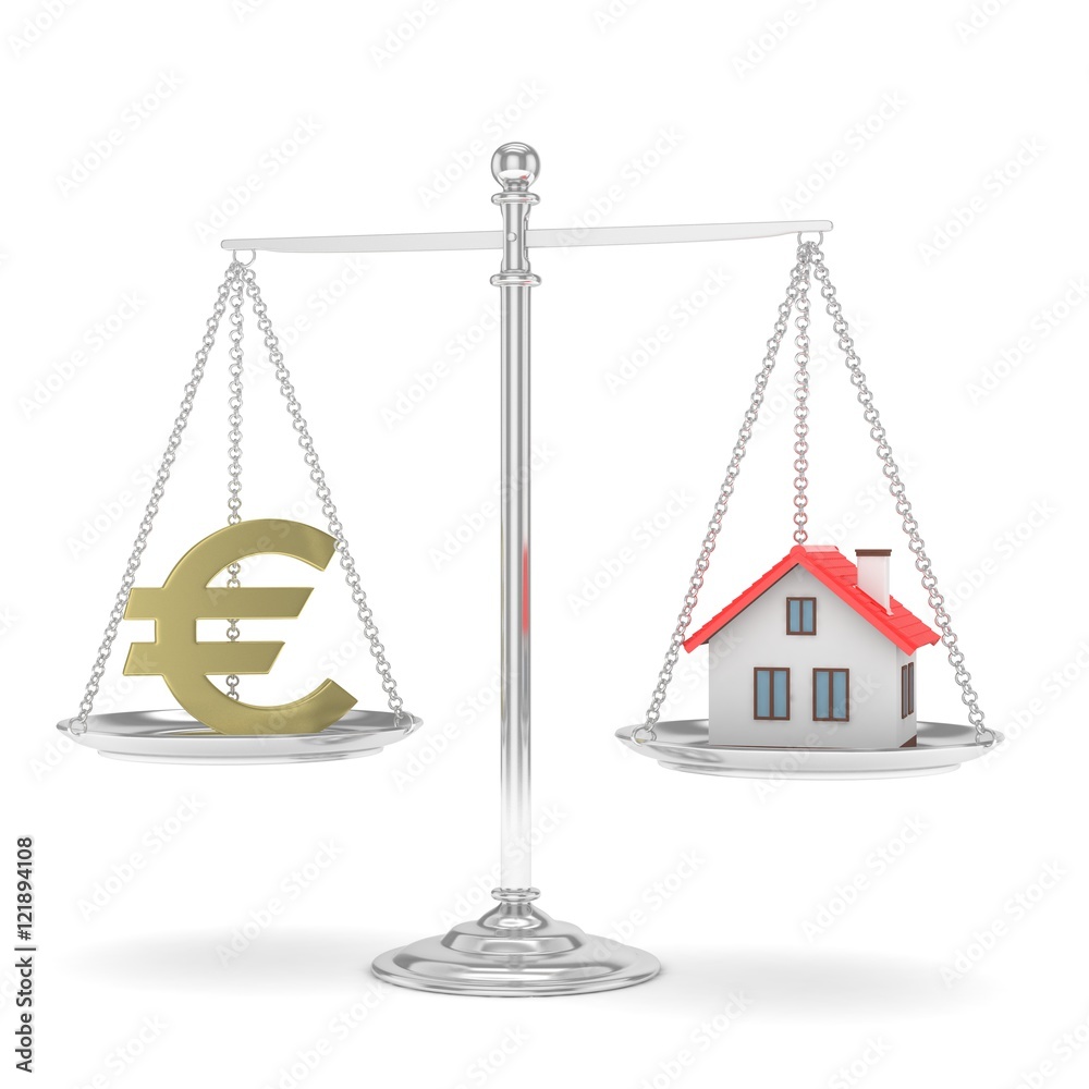 Isolated silver scales with golden euro and house on white background. Investment or savings concept. Real estate and currency. 3D rendering. Isolated silver scales with golden euro and house on white background. Investment or savings concept. Real estate and currency. 3D rendering.