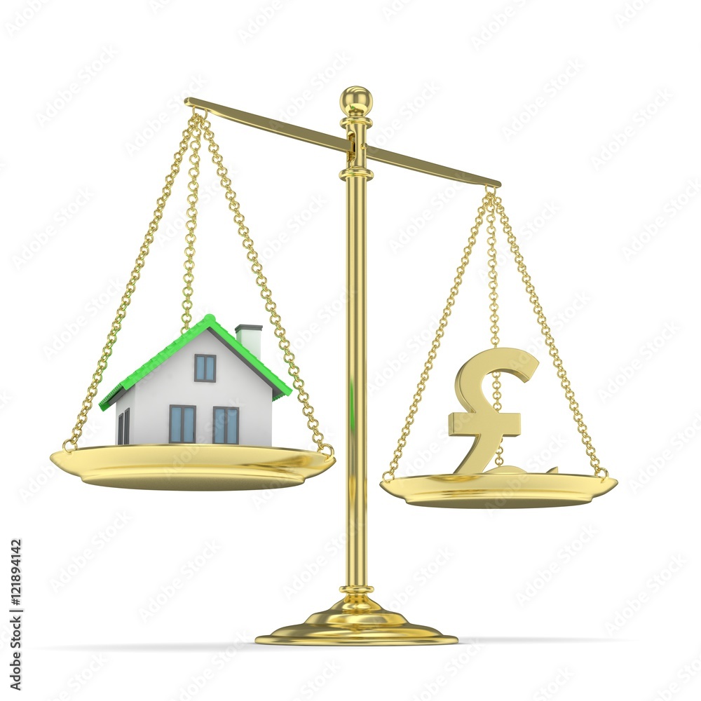 Isolated golden scales with golden pound and house on white background. Investment or savings concept. Real estate and currency. 3D rendering. Isolated golden scales with golden pound and house on white background. Investment or savings concept. Real estate and currency. 3D rendering.