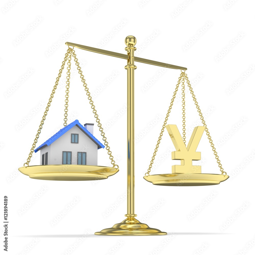 Isolated golden scales with golden yuan and house on white background. Investment or savings concept. Real estate and currency. 3D rendering. Isolated golden scales with golden yuan and house on white background. Investment or savings concept. Real estate and currency. 3D rendering.