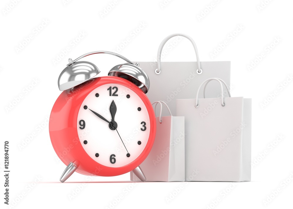alarm clock and shopping bag (time to buy concept). 3d rendering. alarm clock and shopping bag (time to buy concept). 3d rendering.