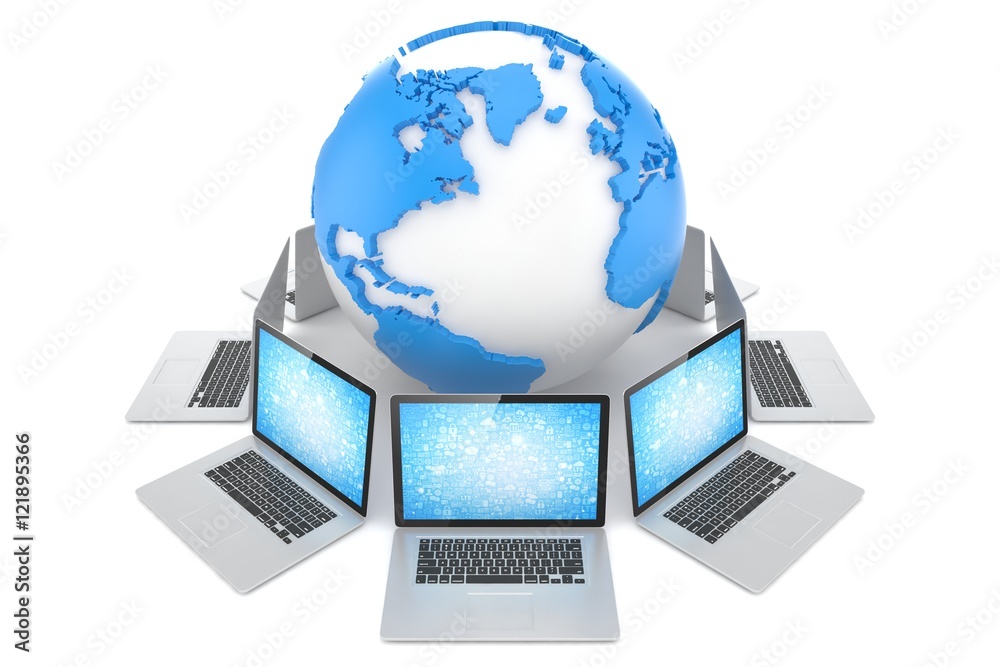 Laptop network around earth globe. 3d render Laptop network around earth globe. 3d render