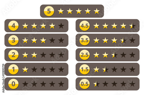 Rating stars, best five yellow star ranking vector icons set