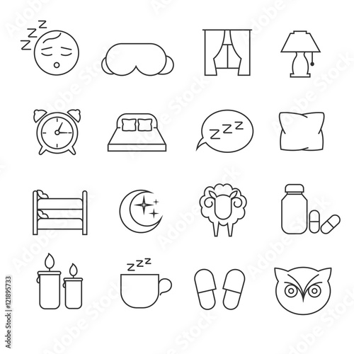 Sleeping bed time rest thin line outline vector icons