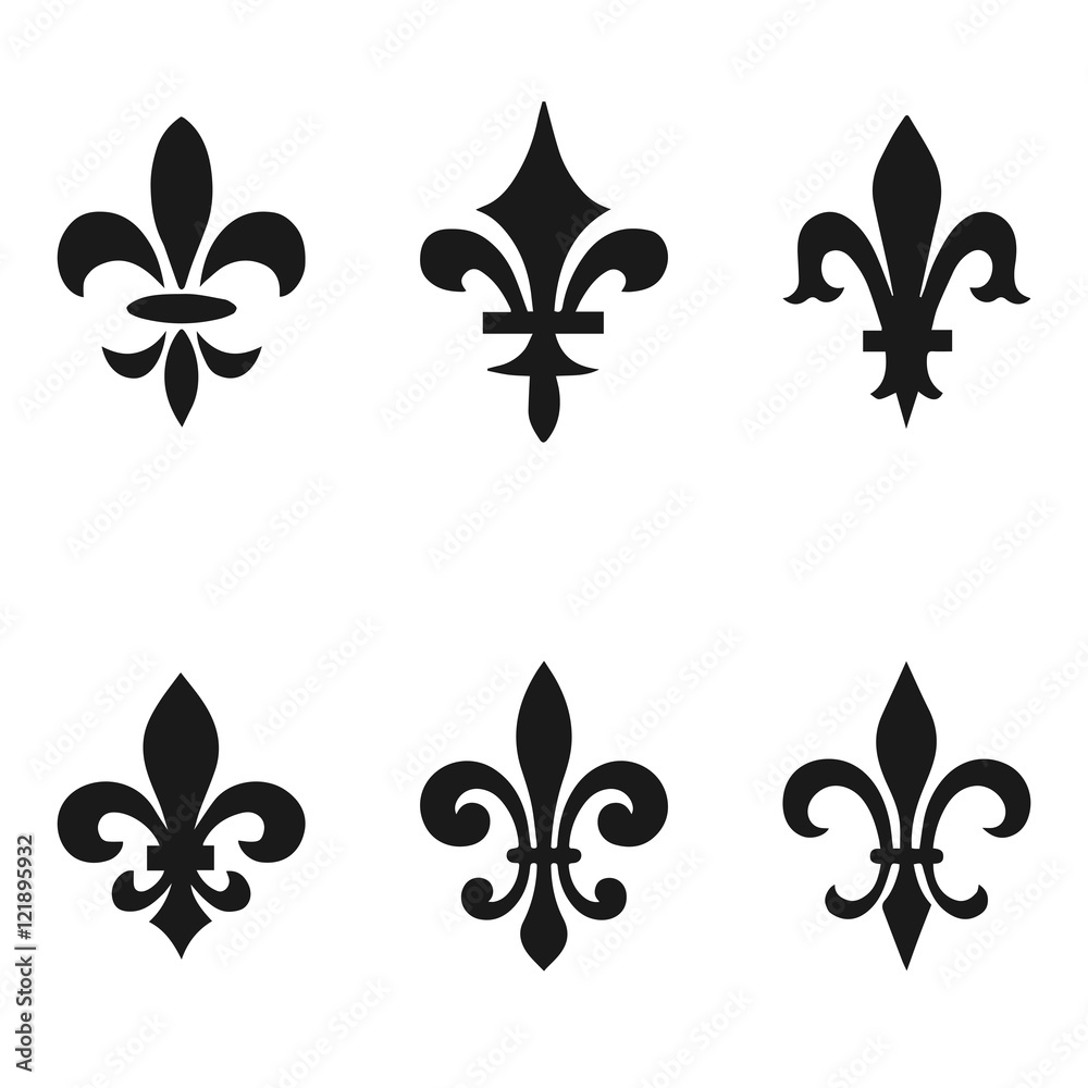 Collection of fleur de lis symbols, black silhouettes - heraldic symbols.  Vector Illustration. Medieval signs. Glowing french fleur de lis royal  lily. Elegant decoration symbols. Stock Vector | Adobe Stock