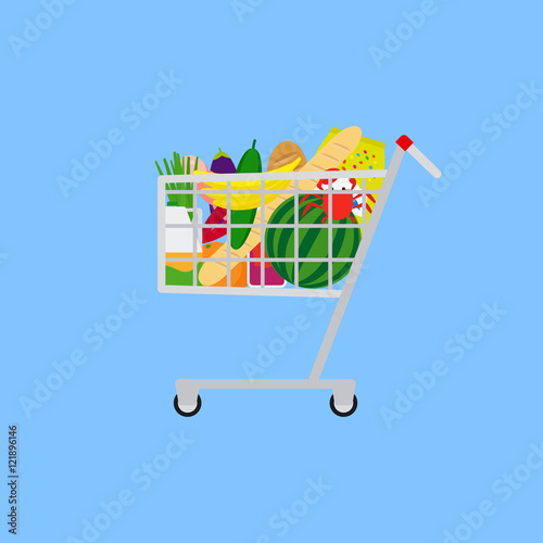 Shopping cart with food on blue background. Vector illustration