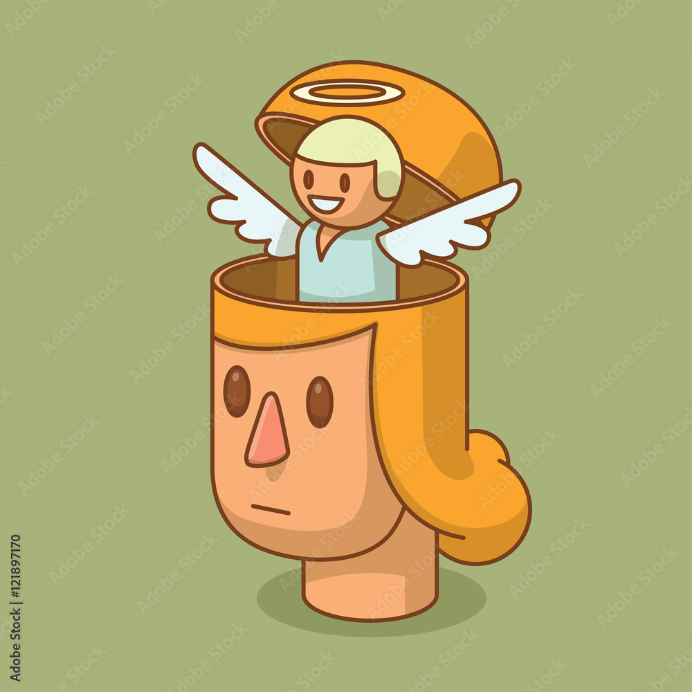 Vector cartoon image of the head of woman with blond hair and with an open braincase from which appears a little angel with white wings on a green background. Positive man, faith. Vector illustration. Vector cartoon image of the head of woman with blond hair and with an open braincase from which appears a little angel with white wings on a green background. Positive man, faith. Vector illustration.