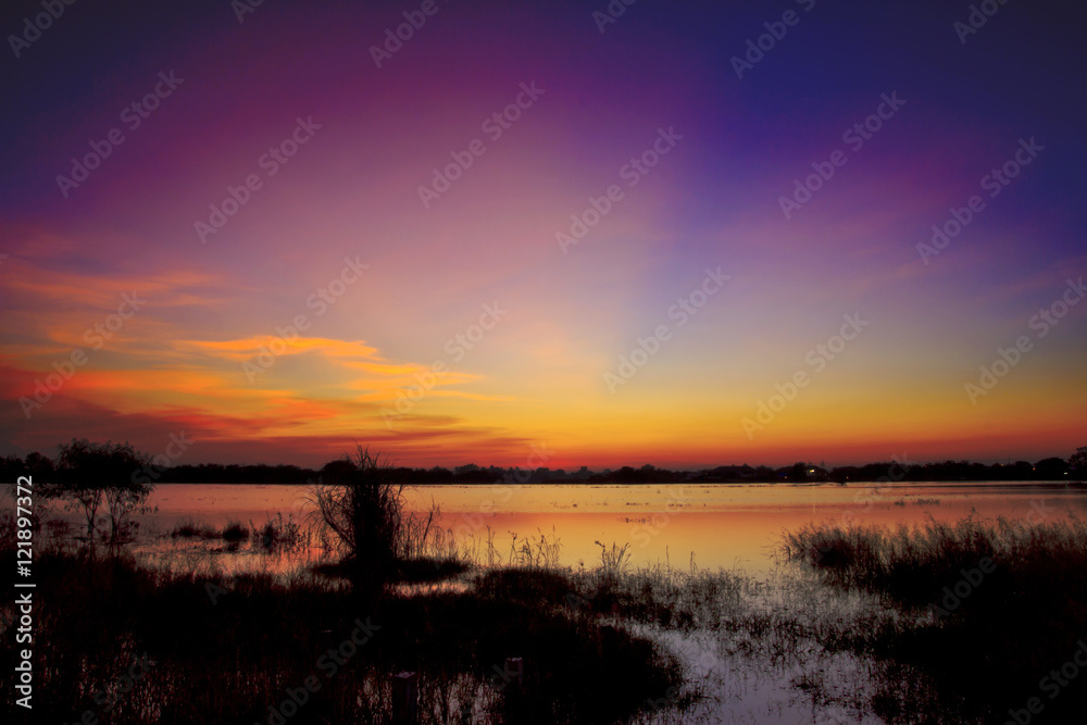 Sunset sky with twilight water reflect landscape