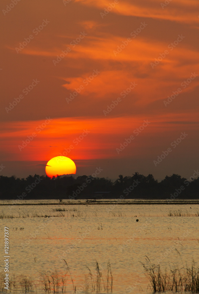 Sunset sky with twilight and water reflect landscape