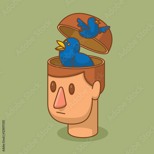 Vector cartoon image of the head of man with brown hair and with an open braincase from which appears two blue birds on a green background. Communication, chatter. Vector illustration.