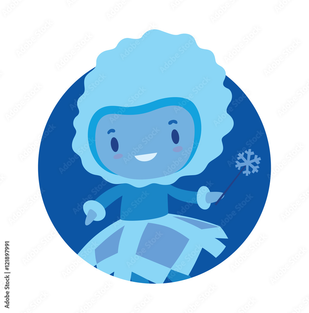 Vector image of a round dark blue frame with cartoon image of a cute fairy of winter in light blue dress and hat with a magic wand in her hand smiling in the center on a white background. Seasons. Vector image of a round dark blue frame with cartoon image of a cute fairy of winter in light blue dress and hat with a magic wand in her hand smiling in the center on a white background. Seasons.
