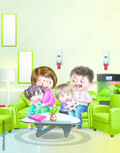 A family sits on green sofa