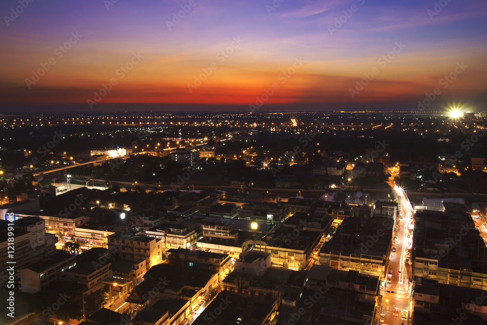 Fototapeta premium Long exposure city scape with twilight sunset sky