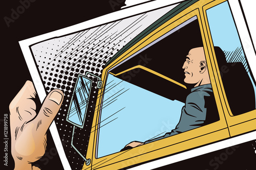 Driver behind wheel of truck.