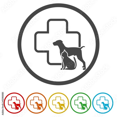 Dog and cat silhouette circle veterinarian pet clinic icon, vector illustration