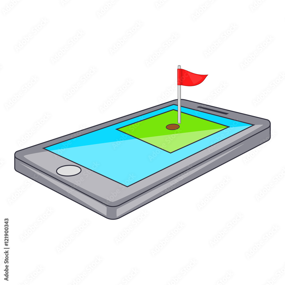 Golf course on phone icon in cartoon style isolated on white background. Game symbol vector illustration Golf course on phone icon in cartoon style isolated on white background. Game symbol vector illustration