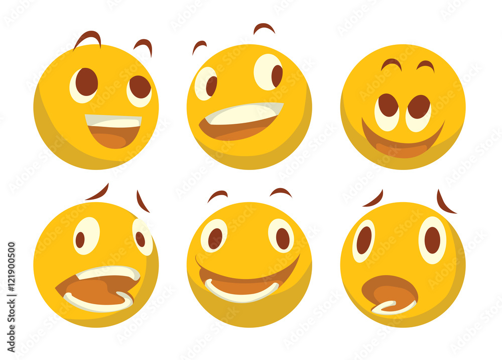 Vector cartoon image of a set of different yellow emoticons expressing different feelings on a white background. Smiley face icons. Emoji. Vector illustration. Vector cartoon image of a set of different yellow emoticons expressing different feelings on a white background. Smiley face icons. Emoji. Vector illustration.