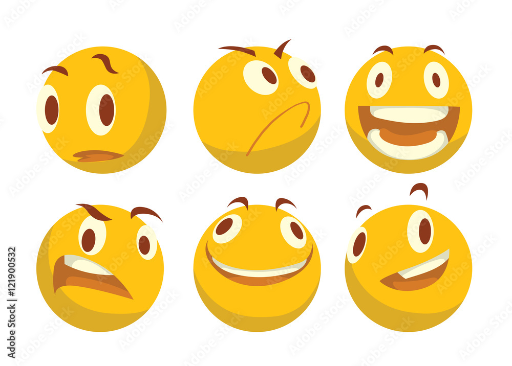 Vector cartoon image of a set of various yellow emoticons expressing different feelings on a white background. Smiley face icons. Emoji. Vector illustration.