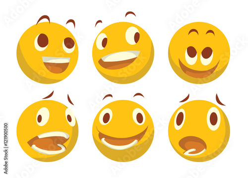 Vector cartoon image of a set of different yellow emoticons expressing different feelings on a white background. Smiley face icons. Emoji. Vector illustration.