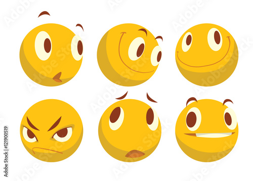 Vector cartoon image of a set of six different yellow emoticons expressing different feelings on a white background. Smiley face icons. Emoji. Vector illustration.