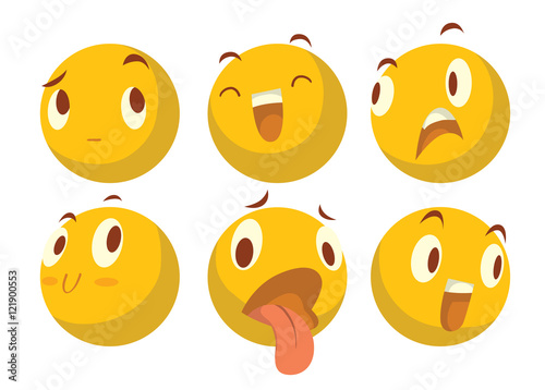 Vector cartoon image of a set of six various yellow emoticons expressing different feelings on a white background. Smiley face icons. Emoji. Vector illustration.