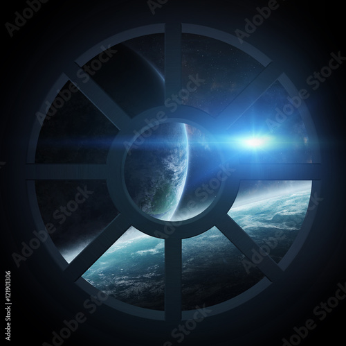 Fototapeta Naklejka Na Ścianę i Meble -  View of outer space from a spaceship cabin