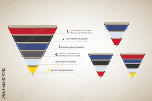 Set of Sales / Conversion funnels. Collection of Cones with colored ribbons. Vector Infographic templates.