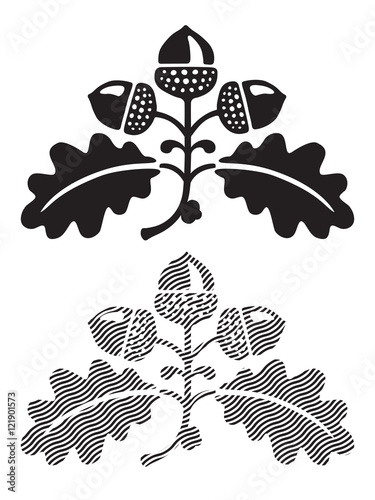 Acorns and oak leaves - Black and white stylized illustration. Isolated on white background.
