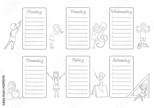 Kids timetable weekly planner coloring page vector