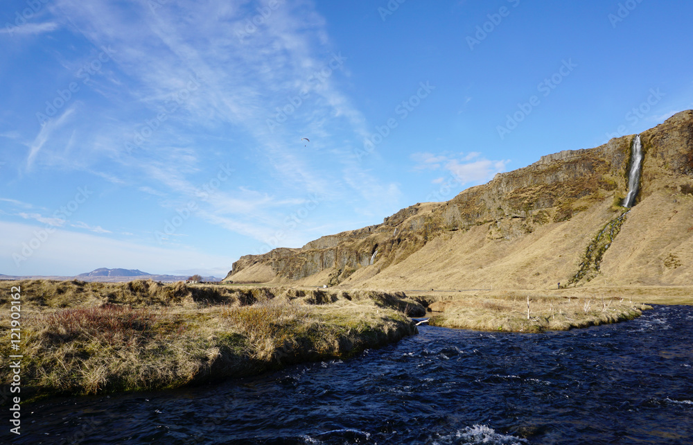 Beautiful  Seljalandsfoss waterfall with river and meadow