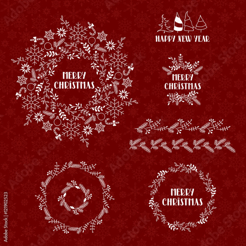 Merry Christmas and Happy New Year. White Christmas wreaths on red background. Seamless pattern from snowflakes. 