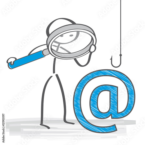 Strichmännchen überprüft mit großer Lupe eine E-Mail