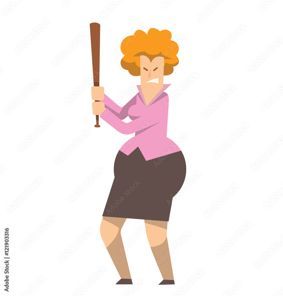 Vector cartoon image of a rounded angry business woman with ginger hair in a lilac blouse, black skirt with a baseball-bat in hands on white background. Vector illustration of geometric business woman Vector cartoon image of a rounded angry business woman with ginger hair in a lilac blouse, black skirt with a baseball-bat in hands on white background. Vector illustration of geometric business woman