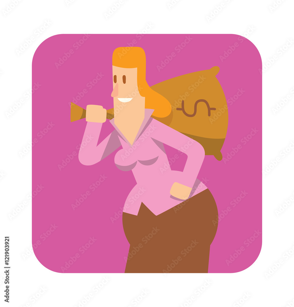 Vector square pink frame with cartoon image of a rounded business woman with ginger hair with a bag of money in the center on a white background. Vector illustration of geometric business woman. Vector square pink frame with cartoon image of a rounded business woman with ginger hair with a bag of money in the center on a white background. Vector illustration of geometric business woman.