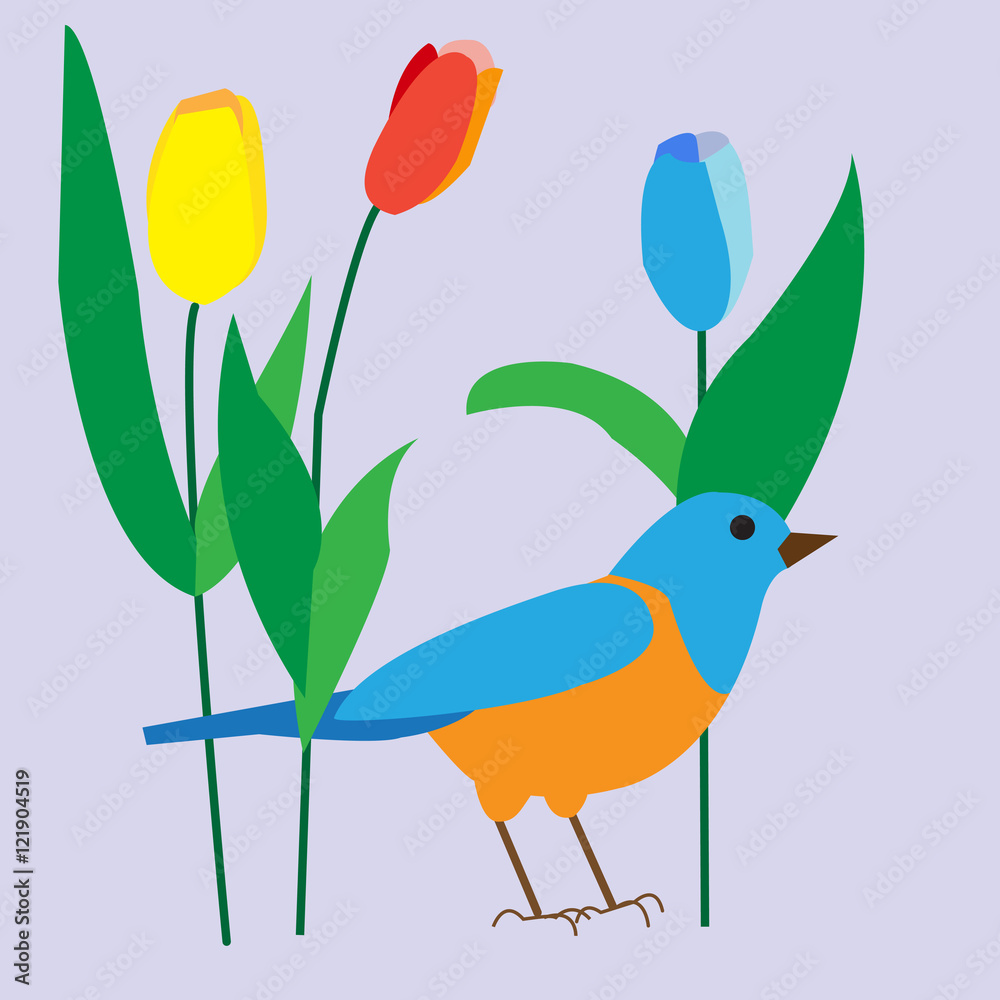 decorative bird among the delicate tulips, poster, greeting card