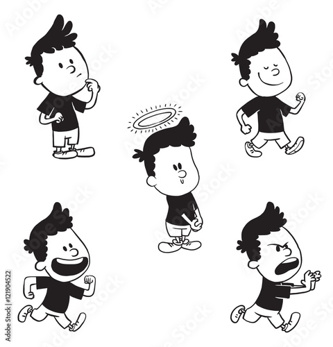 Vector cartoon set of cute little boys: running and laughing, walking, running angry, standing thoughtful and with a halo over his head on a white background. Made in a monochrome style.