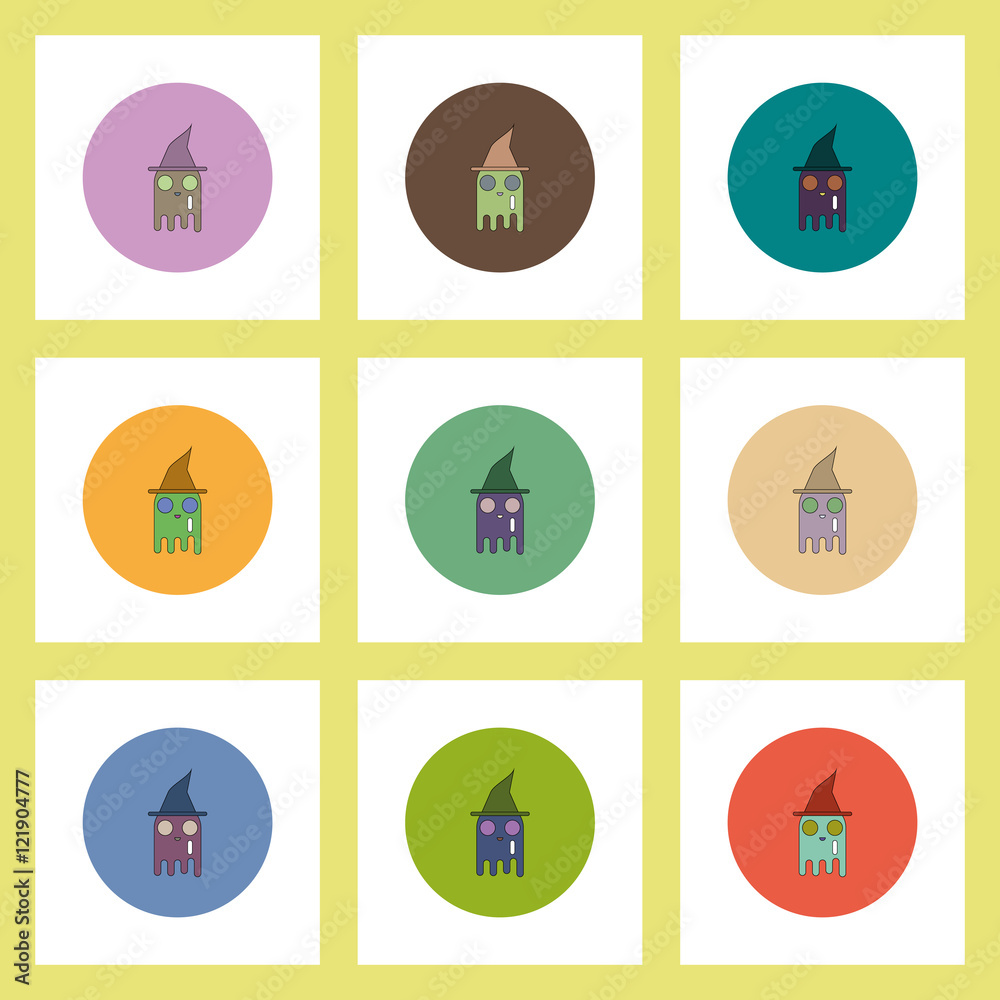 flat icons Halloween set of ghost in witch hat concept on colorful circles