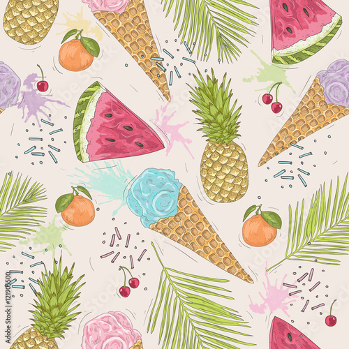 Cute seamless pattern with ice creams, pineapples. Vector backgr