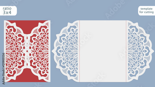 Laser cut wedding invitation card template.  Cut out the paper card with lace pattern.  Greeting card template for cutting plotter. Vector.