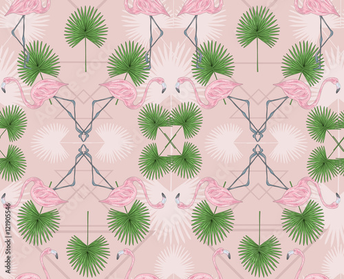 Cute hipster seamless pattern with flamingos and palm. Vector ba