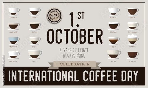 International coffee day Poster with barista cups, 1 st October