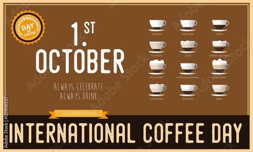 International coffee day Poster with barista cups, 1 st October