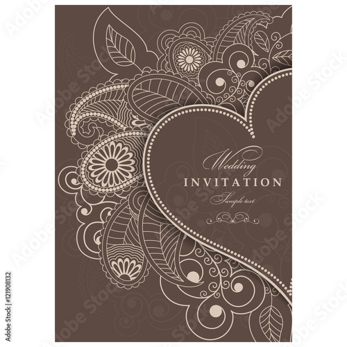 Wedding Invitation. Greeting Card with Flowers in a folk style