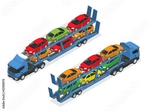 Photo Isometric Car transport truck on the road with different types of cars flat vector illustration