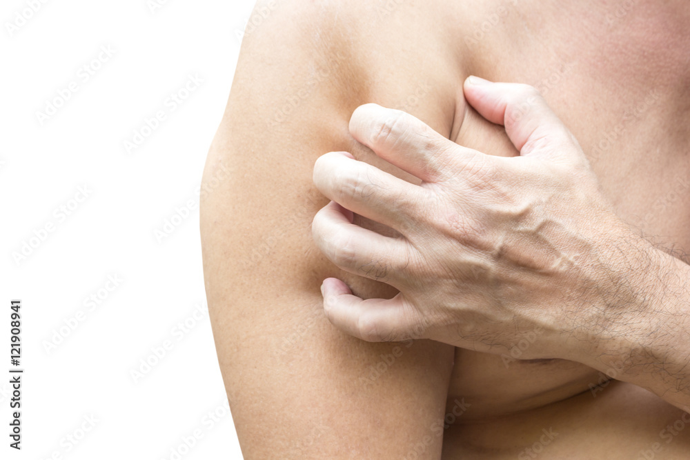 Man scratching allergic skin isolated on white background