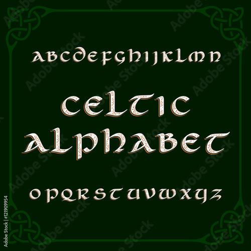 Celtic alphabet font. Distressed letters and knot frame. Vector typography for your design. photo