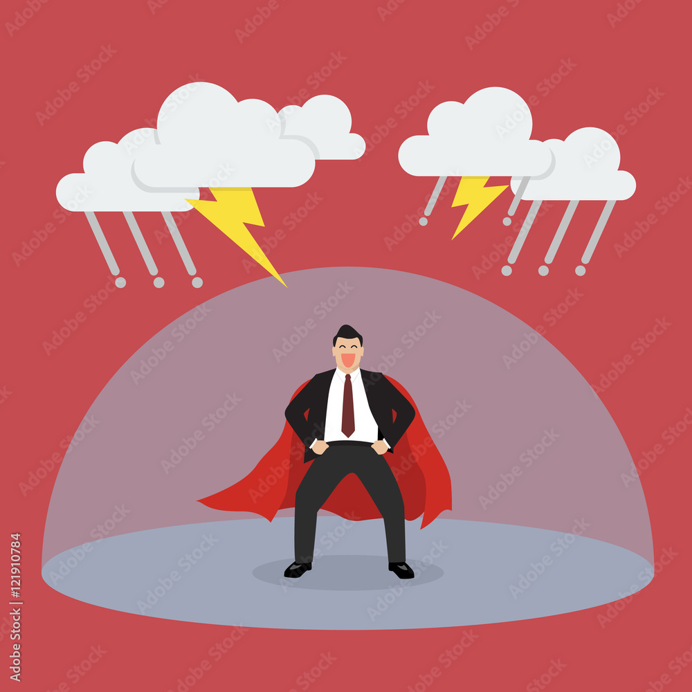 Businessman superhero with barrier protecting from thunderstorm Businessman superhero with barrier protecting from thunderstorm