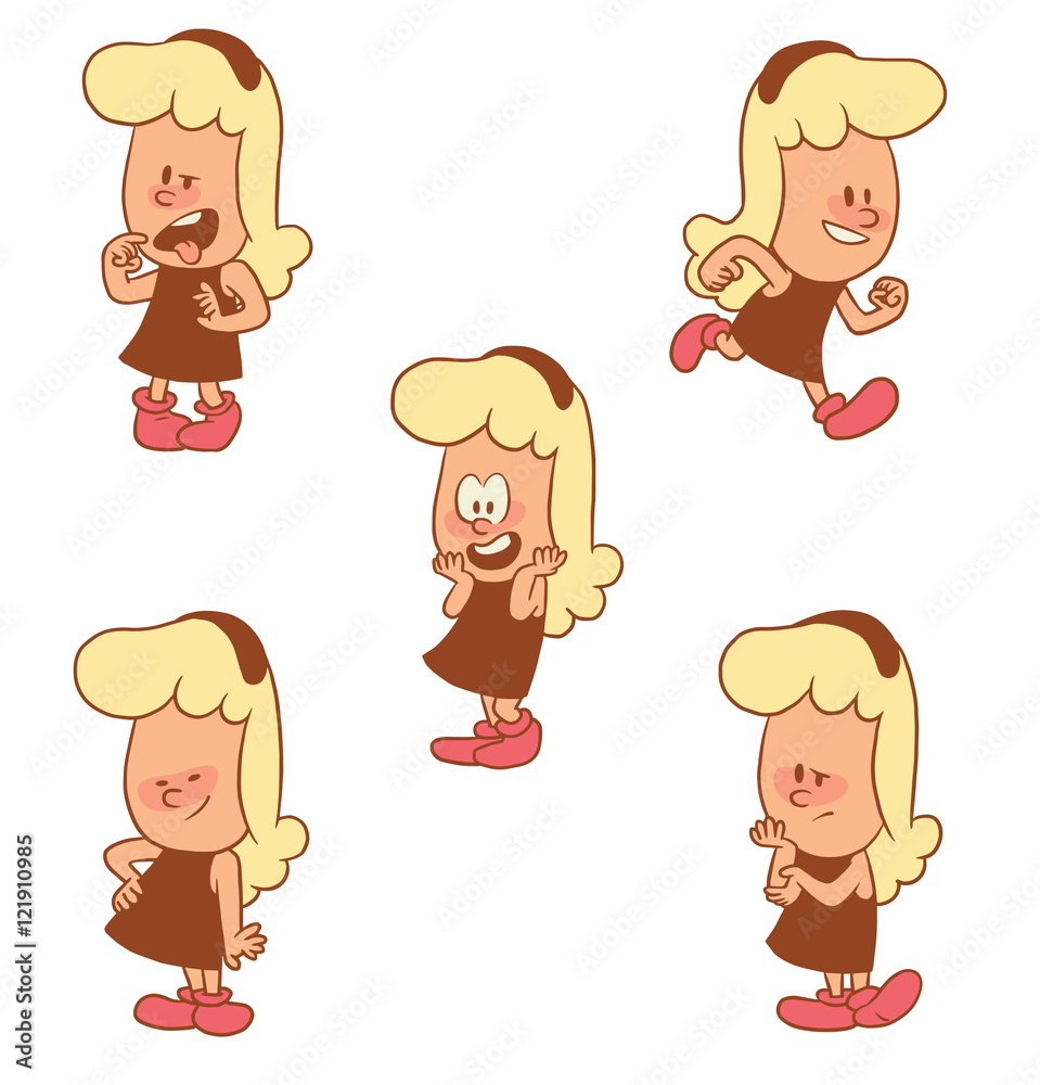 Vector cartoon set of cute little girls: holding one hand on her waist, with a worried expression on face, rejoicing, showing disgust and running on a white background. Color image with brown tracings Vector cartoon set of cute little girls: holding one hand on her waist, with a worried expression on face, rejoicing, showing disgust and running on a white background. Color image with brown tracings