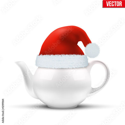 Ceramic teapot with Christmas hat of Santa Claus. Vector illustration Isolated on white background.
