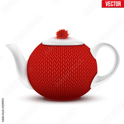 Ceramic teapot with a knitted cozy sweater. Vector illustration Isolated on white background.