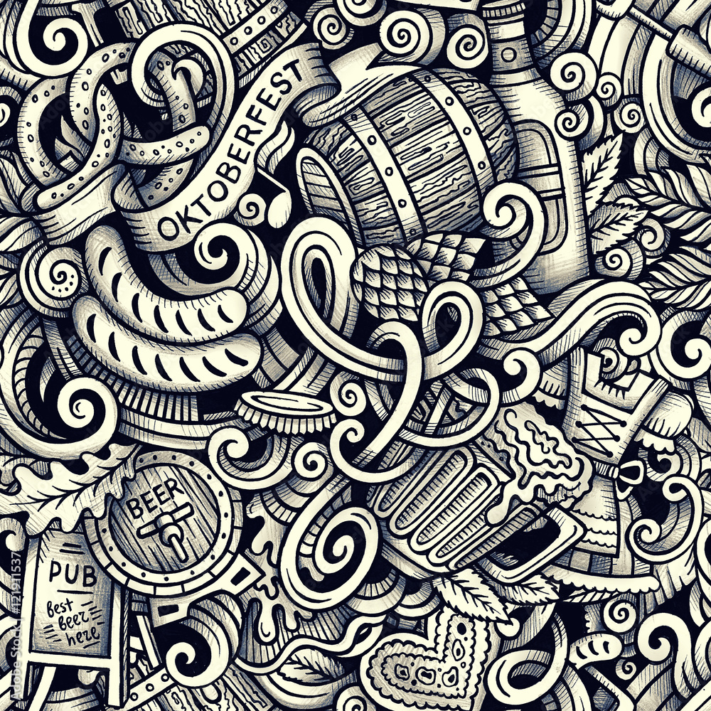Cartoon hand-drawn doodles Octoberfest seamless pattern Cartoon hand-drawn doodles Octoberfest seamless pattern